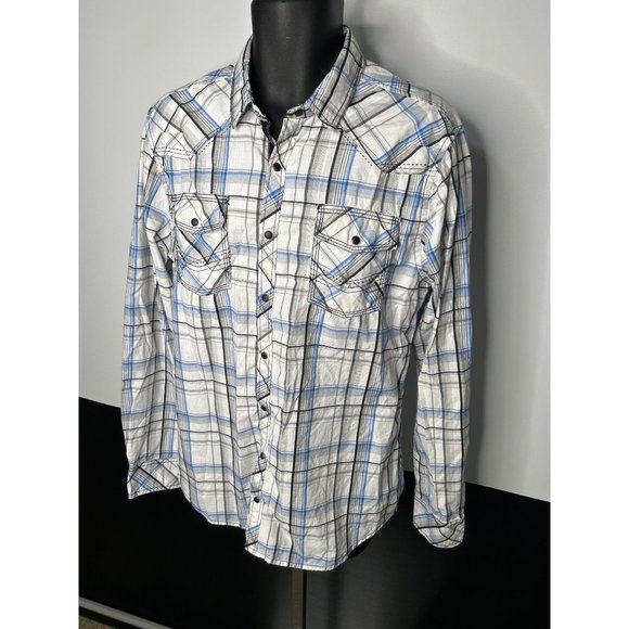 LARGE Buckle BKE Athletic Fit Pearl Snap Button Shirt Long Sleeve White Blue Pla - Picture 2 of 7